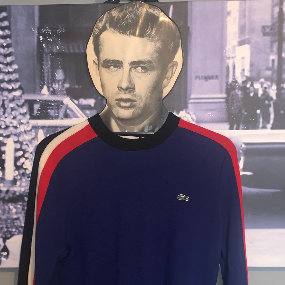 VTG Lacoste Men's Navy Sweater with Red and White Stripes EUC